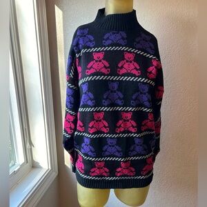 Women's Black Sweater with Pink and Purple Bear Pattern vintage estimated size L